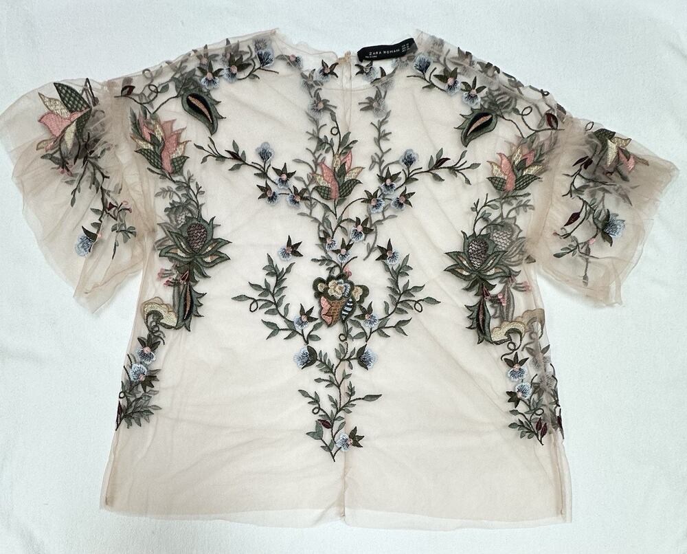 Zara Floral Mesh Sheer Top Nude Pink Embroidered Cottagecore Coquette Whimsy XS